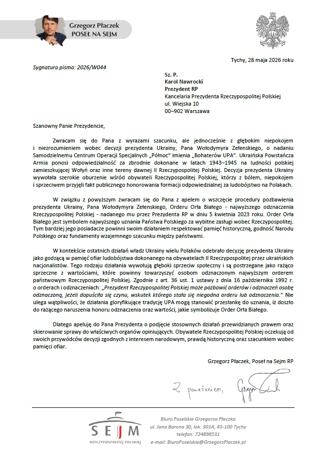 Официальное обращение депутата Сейма Гжегожа Плачека к президенту Навроцкому с просьбой лишить Зеленского ордена, 28 мая 2026 года